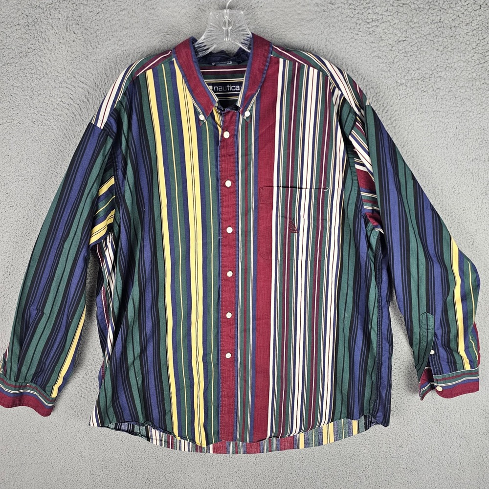 Nautica Button Down Shirt Mens XL Multi Color Striped Long Sleeve Cotton Vintage